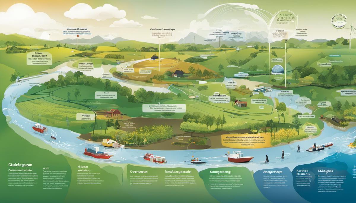 A diagram showing the different components of climate adaptation strategies, including infrastructure, agriculture, ecosystems, and community knowledge systems.